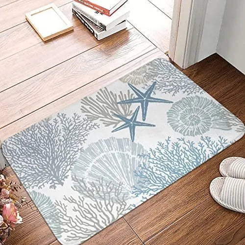 Square flannel floor mat with beach starfish pattern in modern minimalist style for household decor