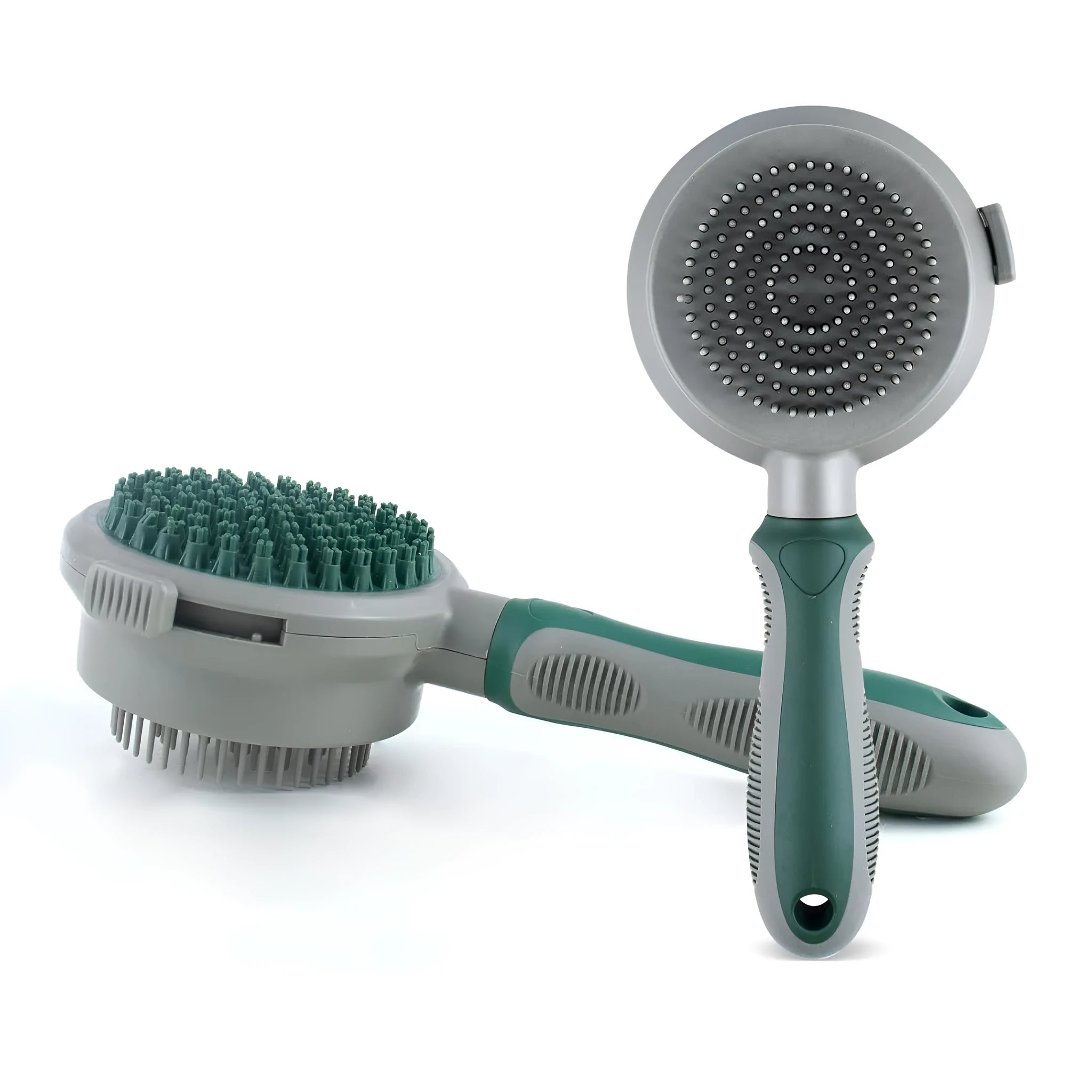 Green and pink two-sided silicone cat grooming brush with retractable slicker and massage pins