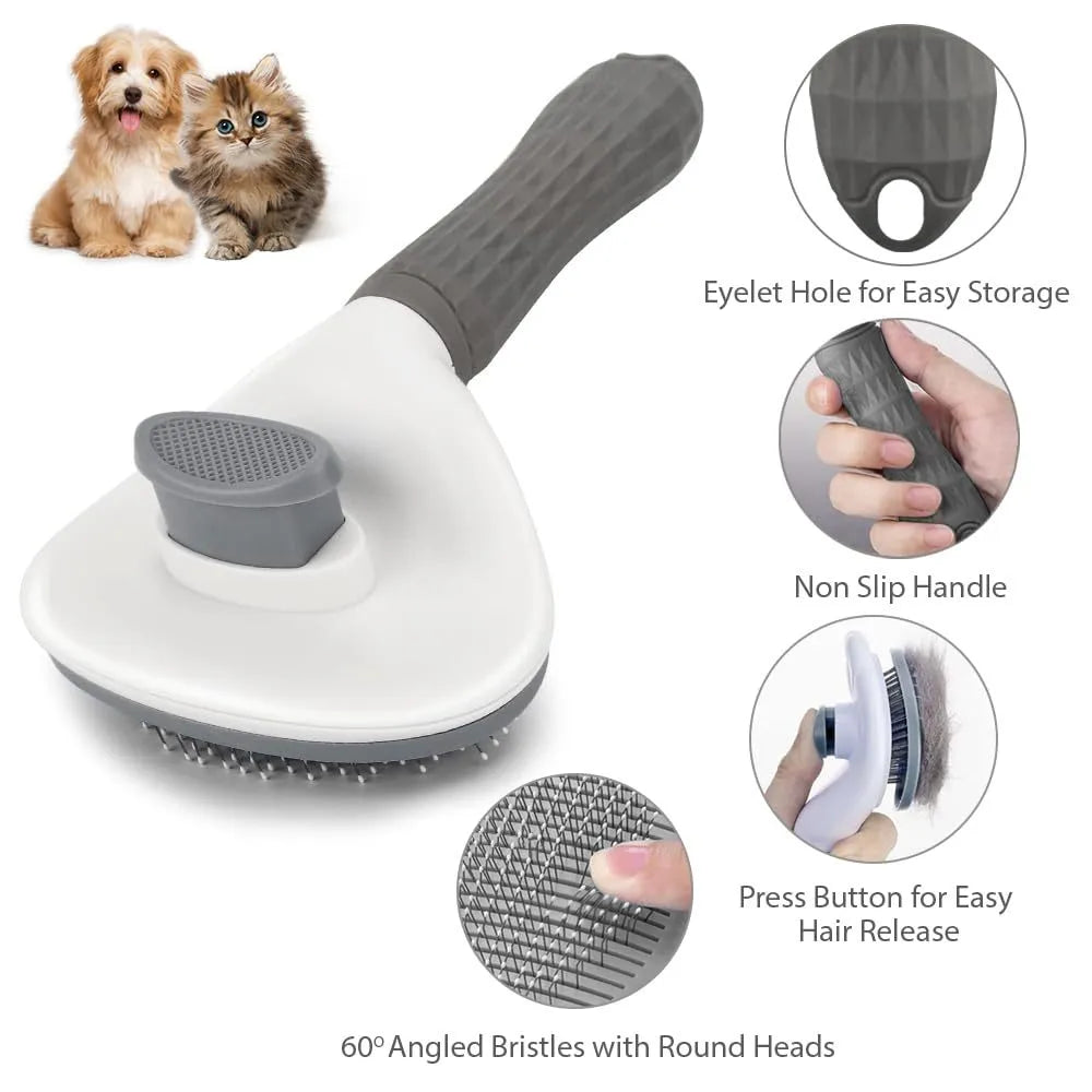 Cat brush with release button in blue, grey, or pink colour for pet hair removal
