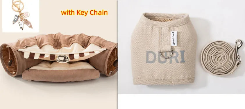 Collapsible cloth cat tunnel in Bar, Coffee, Matcha, or Pink colour, shown folded and unfolded.