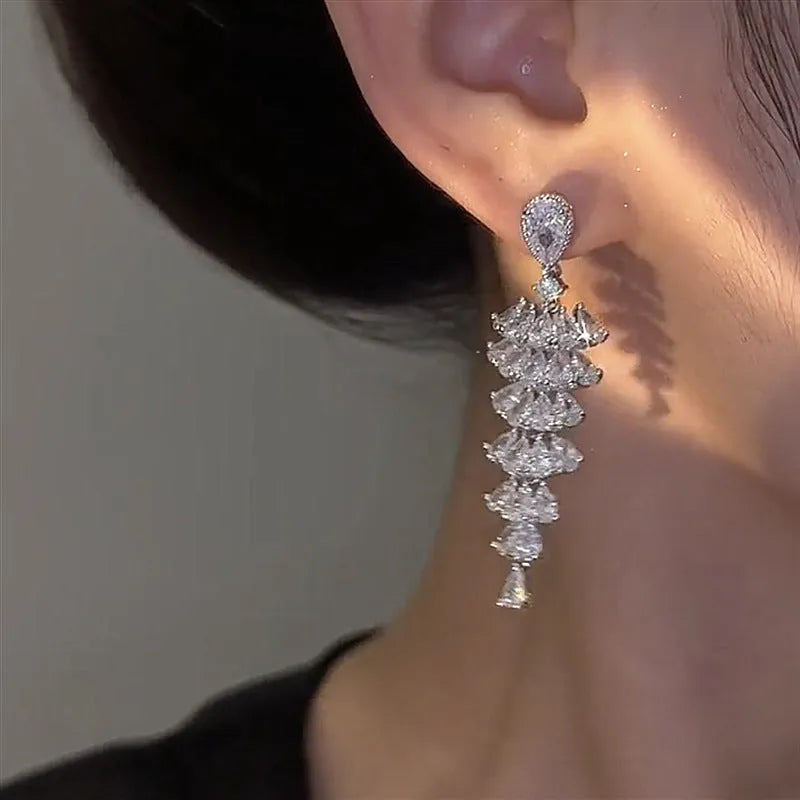 Silver plated Christmas tree drop earrings with sparkling zircon stones on copper stud posts