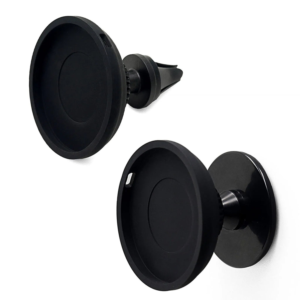 Black magnetic car phone holder showing air vent and base mounting bracket options