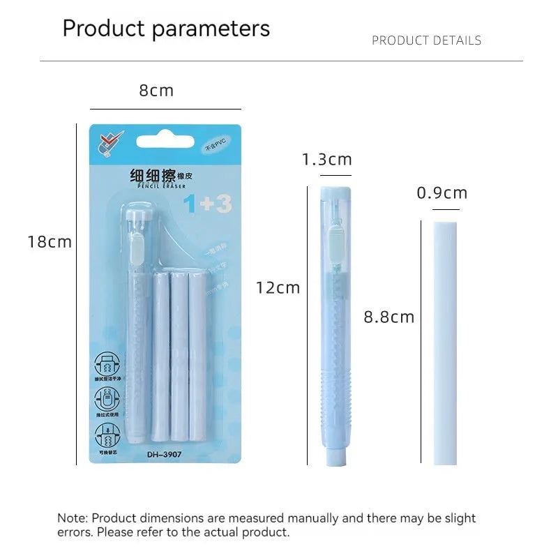 Children's push-type automatic eraser in blue, green, pink, and purple colours measuring 12 by 8 centimetres