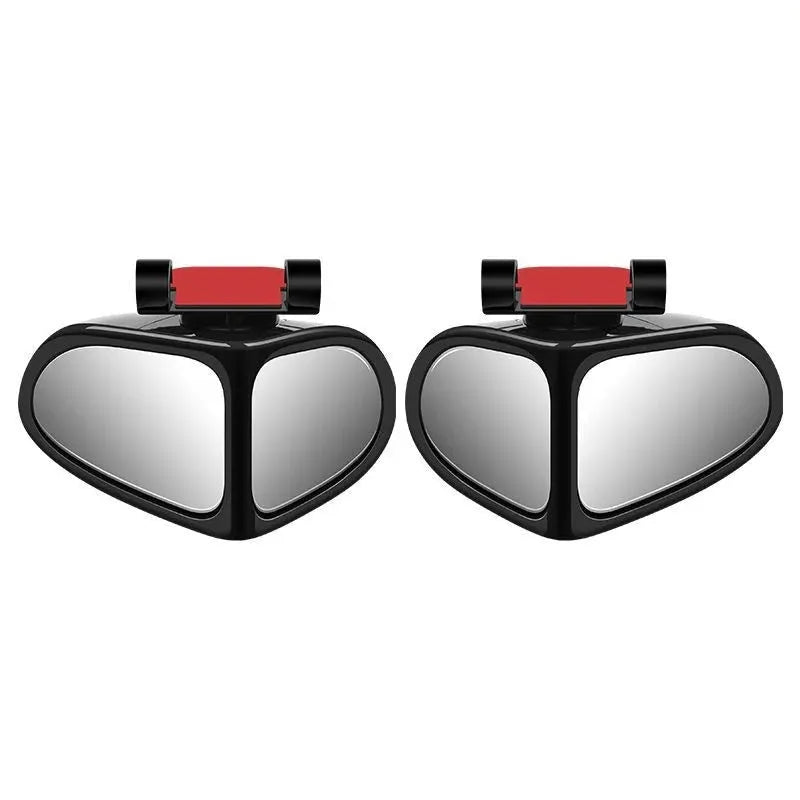 Adjustable wide-angle car reversing mirror in black, shown with adhesive backing.