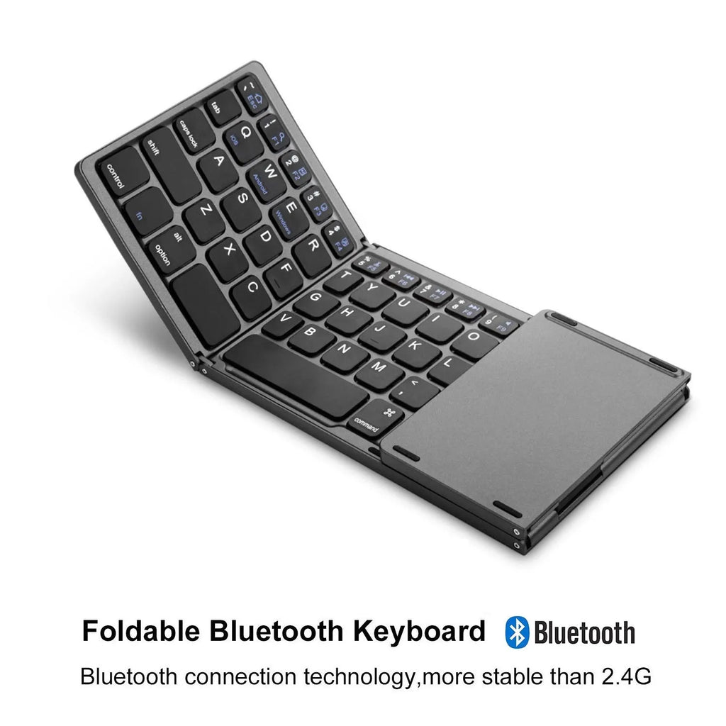 Black tri-fold Bluetooth keyboard shown folded to 30.2cm portable size next to smartphone
