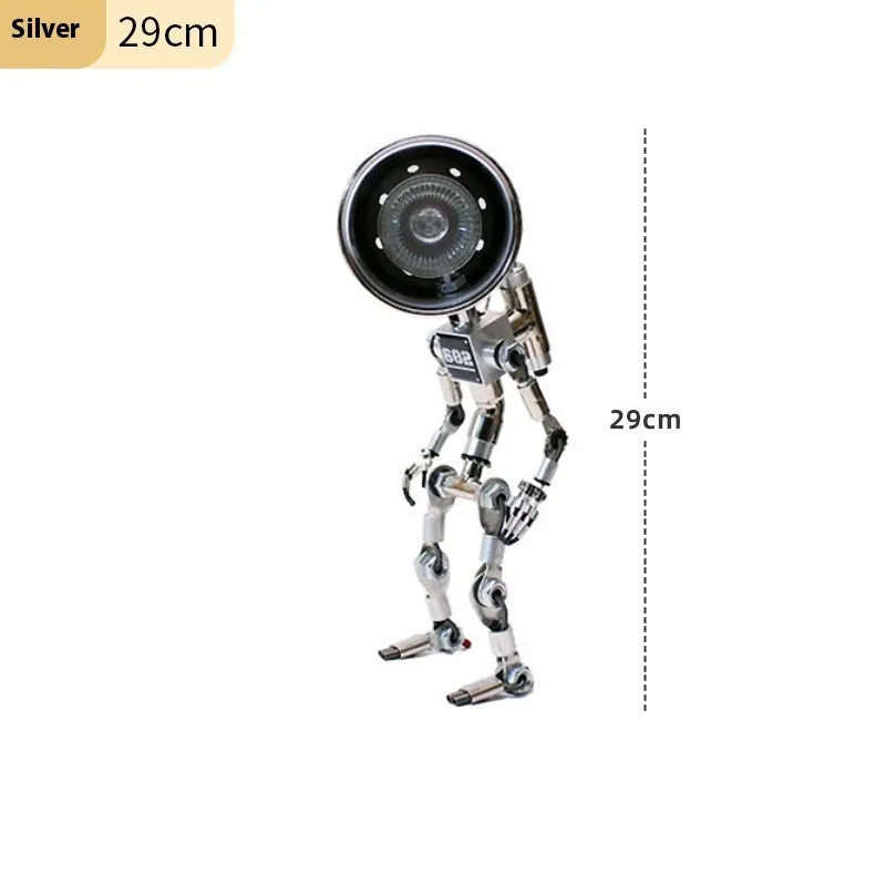 Silver and copper robot-shaped decorative desk lamp in 22cm and 29cm sizes.