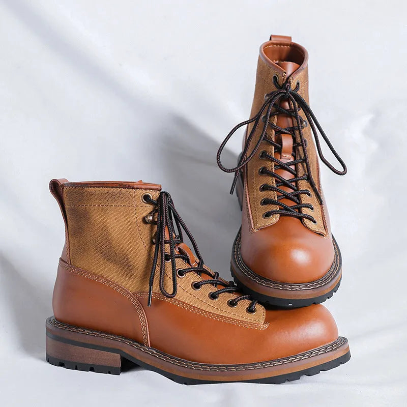 Men's brown tooling platform leather boots with lace-up closure and platform sole