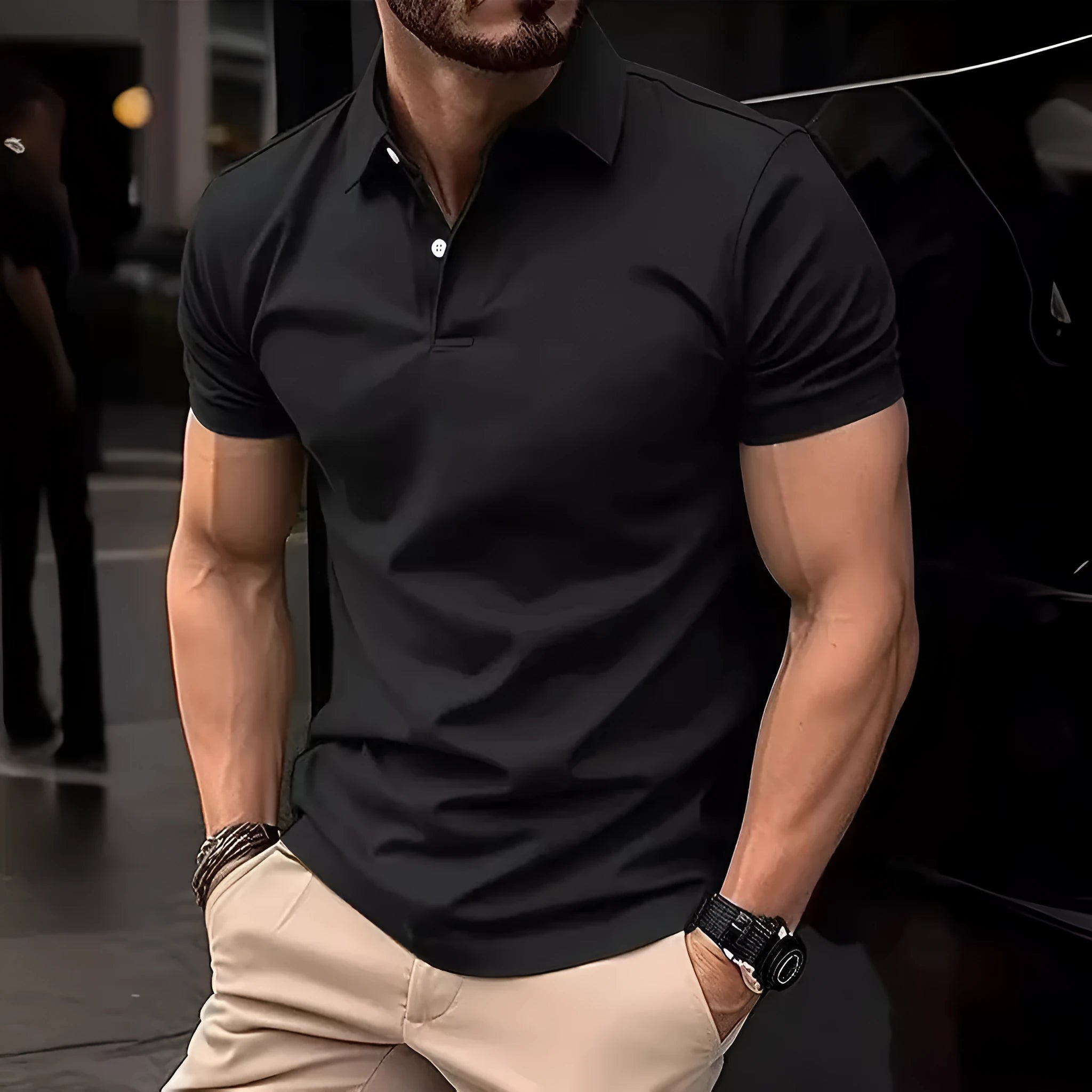 Men's solid colour short sleeve casual shirt with button placket in a slim fit