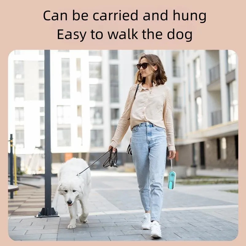 Blue portable dog water bottle with attached foldable silicone drinking bowl for outdoor use.