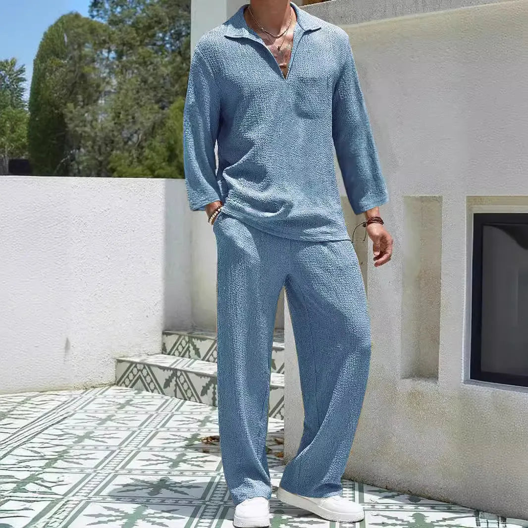 Men's casual commuter suit with shirt-style jacket and matching trousers in polyester fabric