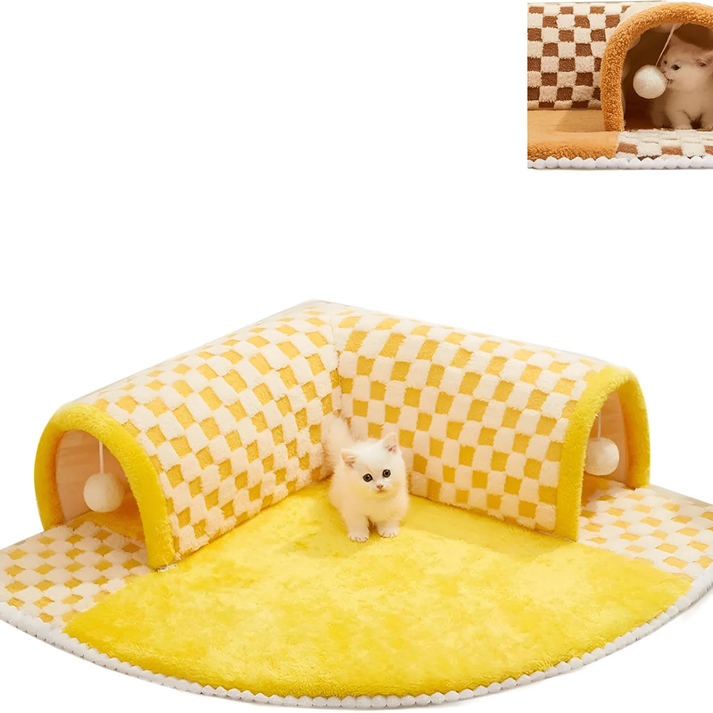 Plush plaid cat tunnel bed with central mat in brown colour, showing collapsible tunnel and non-slip bottom