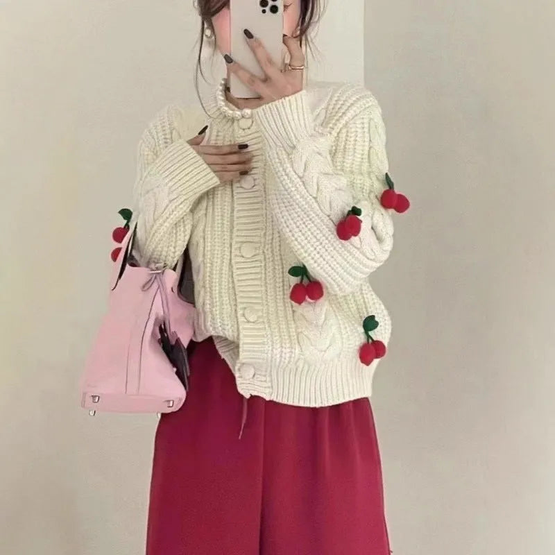 Cherry pattern loose lazy sweater in white with 3D cherries and long sleeves