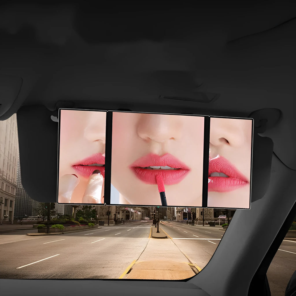 Silver car folding makeup mirror shown closed at 15.5cm width and opened at 30.5cm width