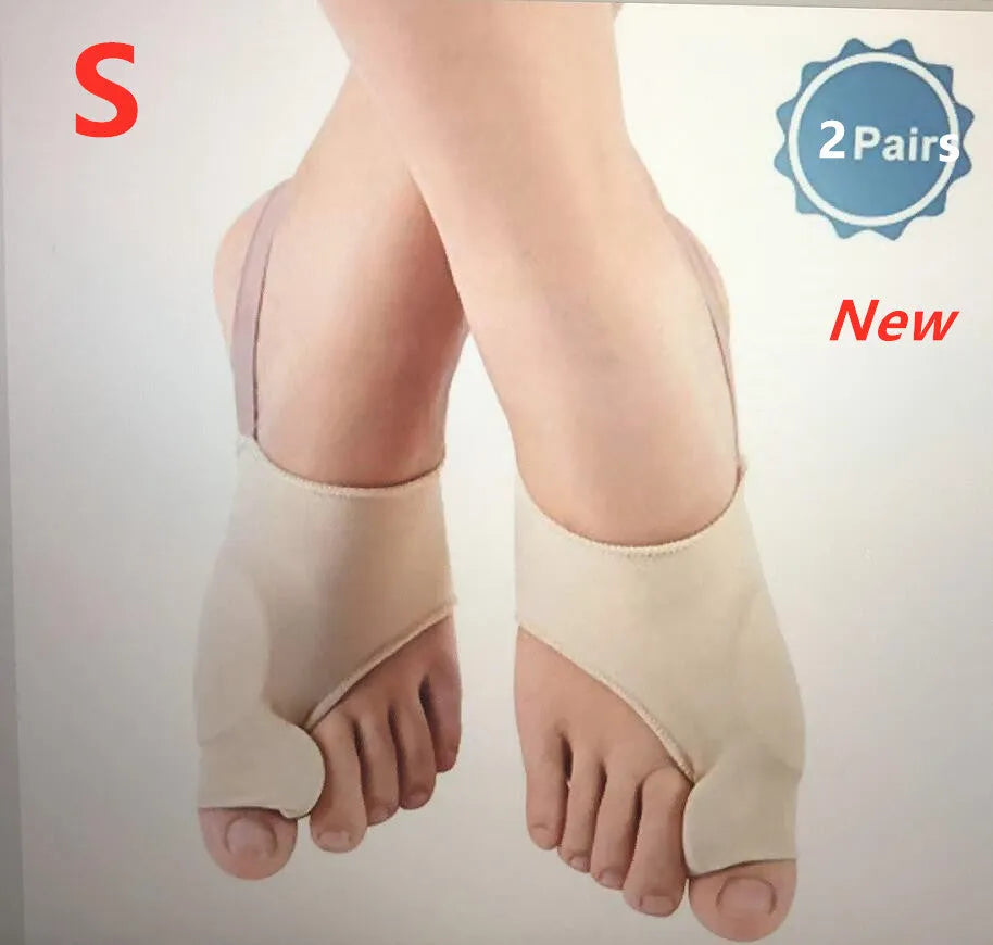 Corrective bunion sock with silicone gel toe separator shown in sizes S, M, and L on a foot diagram.