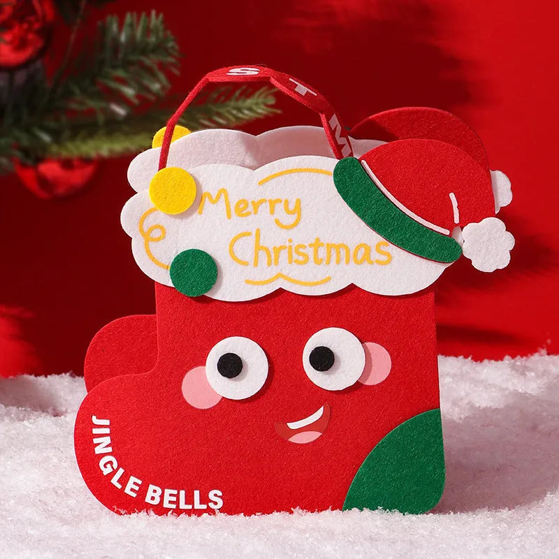 Green felt gift bag for Christmas gift wrapping with festive design