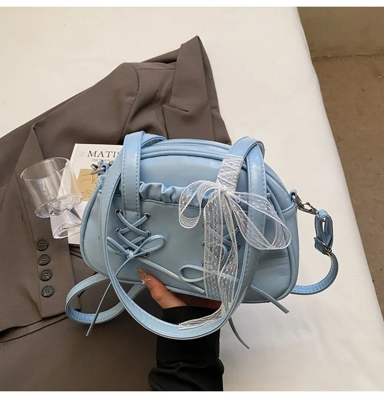 Casual ladies shoulder handbag with bandage bow detail and mobile phone pocket in PU leather