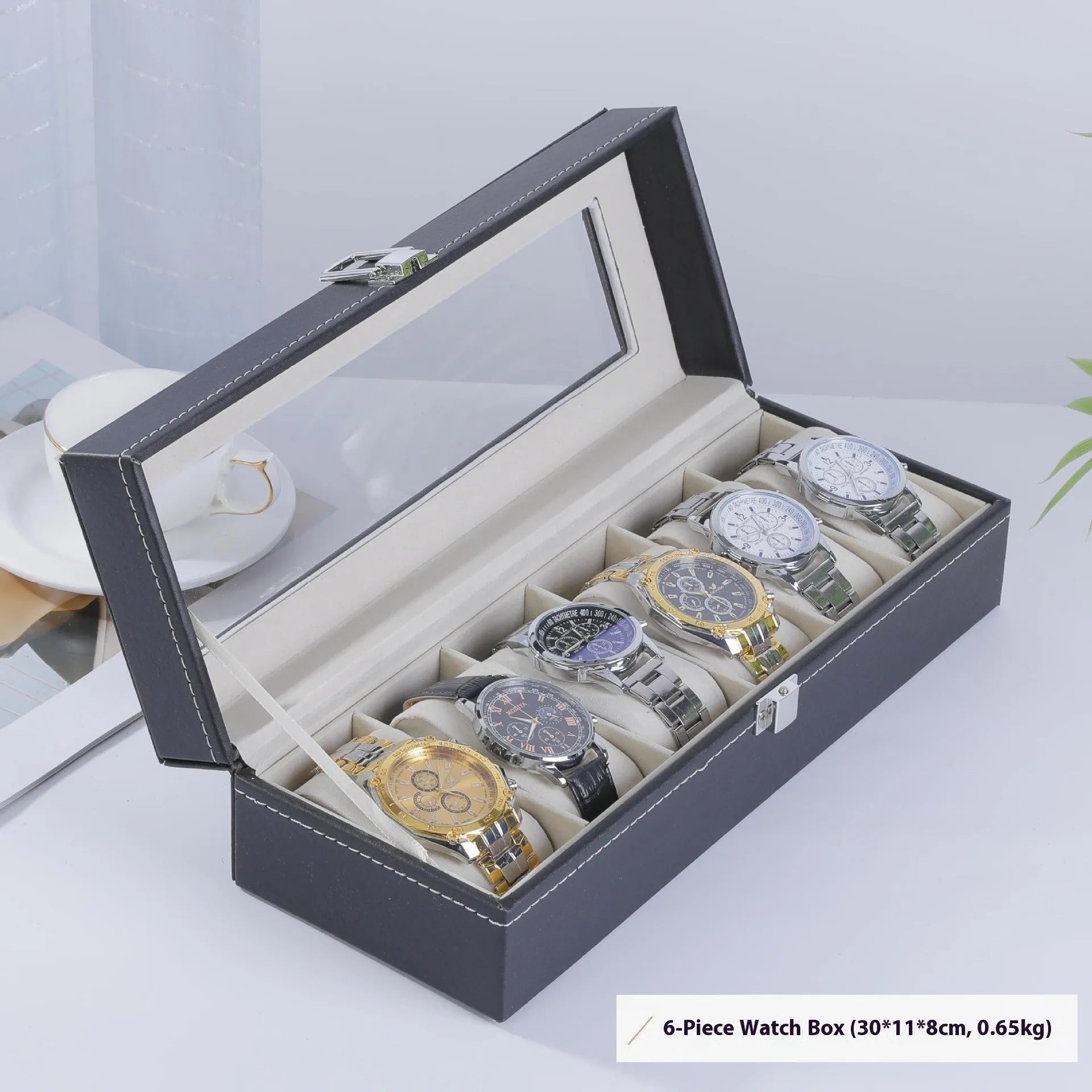 Grey high-grade leather watch storage box with a clear see-through lid showing internal compartments.