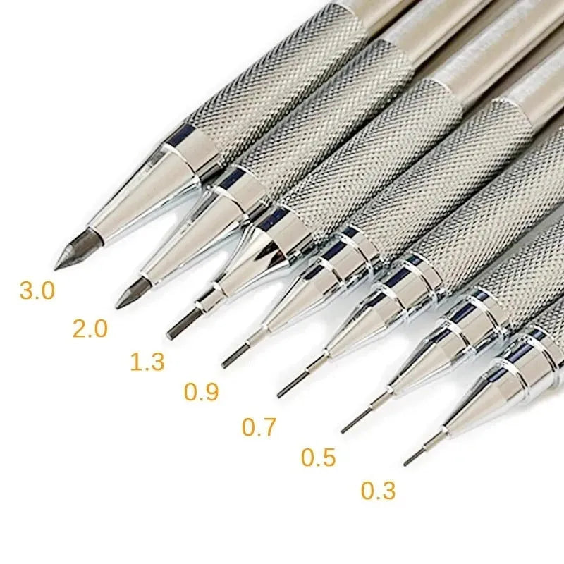 Metal automatic mechanical pencil showing multi-size lead compatibility for 0.5mm, 0.7mm, 0.9mm, 1.3mm and 2.0mm diameters