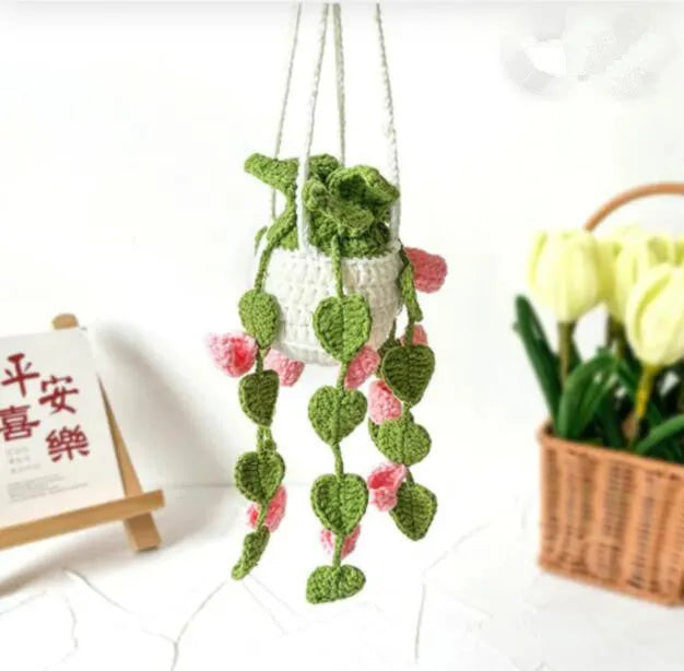 Green and white knitted wool car plant decoration hanging from a rope.