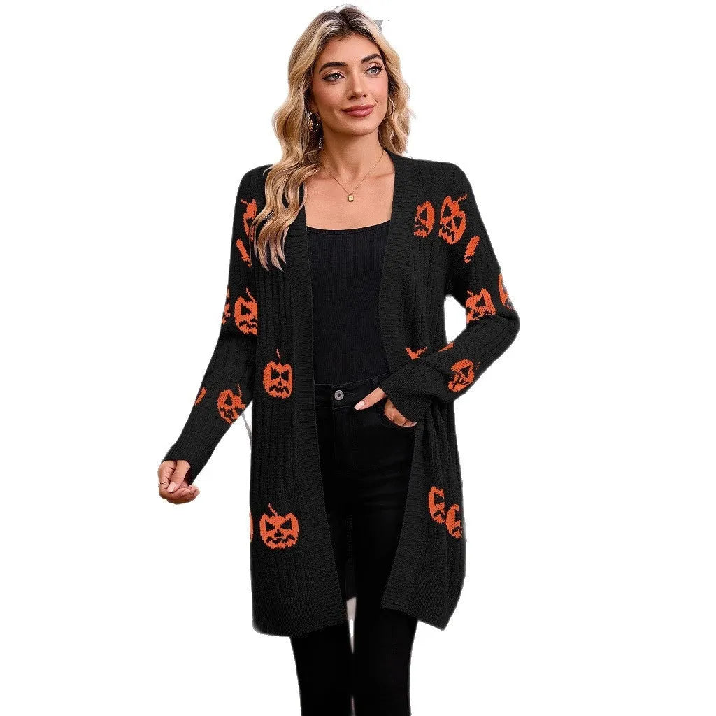 Women's black Halloween cardigan with orange and purple jacquard knitted pumpkin head pattern