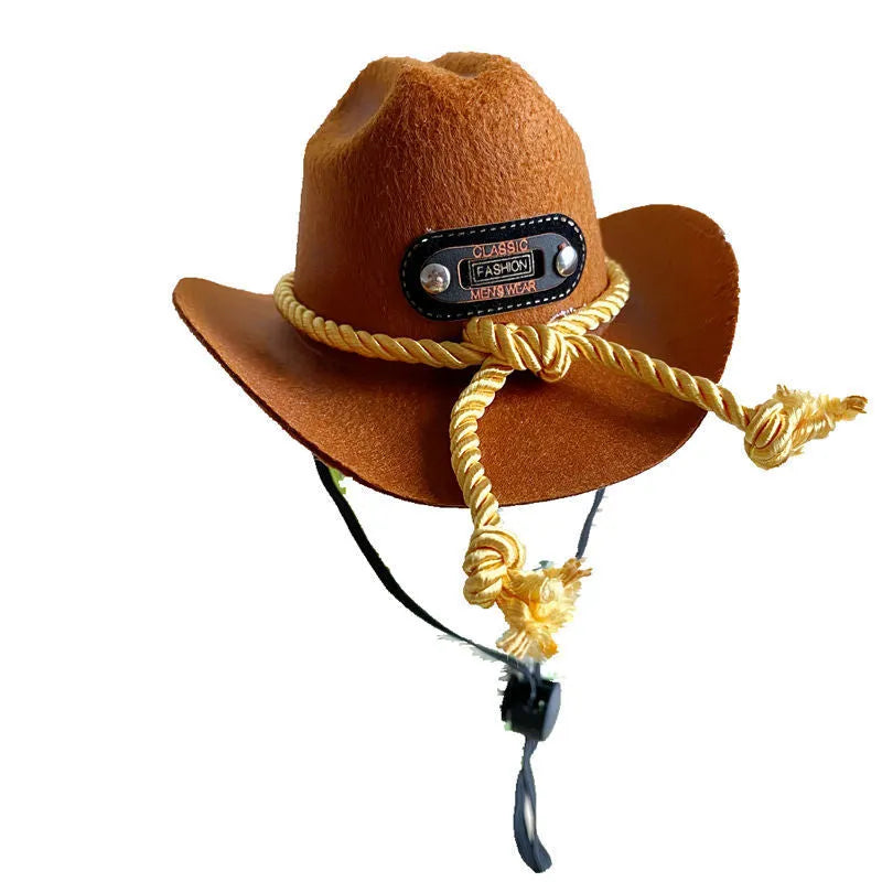 British style cowboy hat for cats in brown with decorative trim