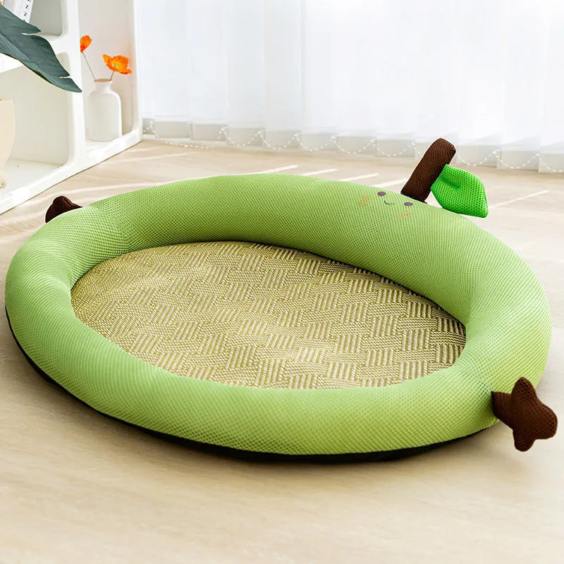Green pet cooling mat nest with fruit-shaped backrest for dogs and cats, size L 65x50cm.