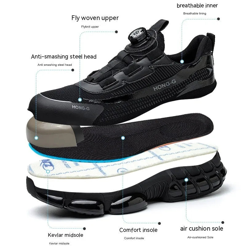 Lightweight black safety work shoes with steel toe caps and breathable upper material