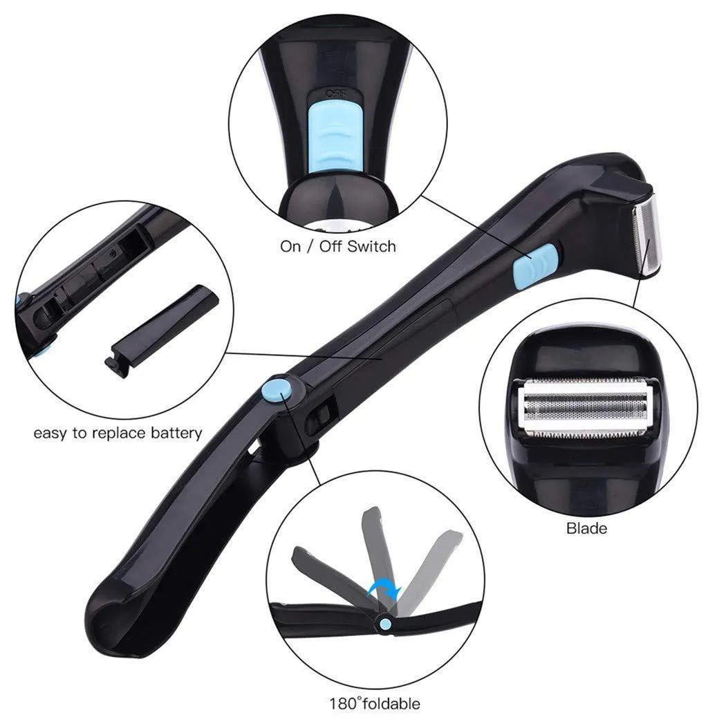 Black folding electric body shaver with battery compartment and compact folded design