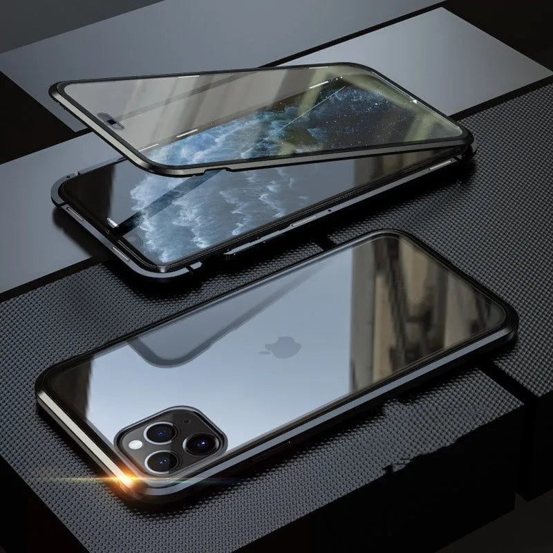 Glass anti-spy clamshell case for iPhone in multiple colours showing geometric pattern