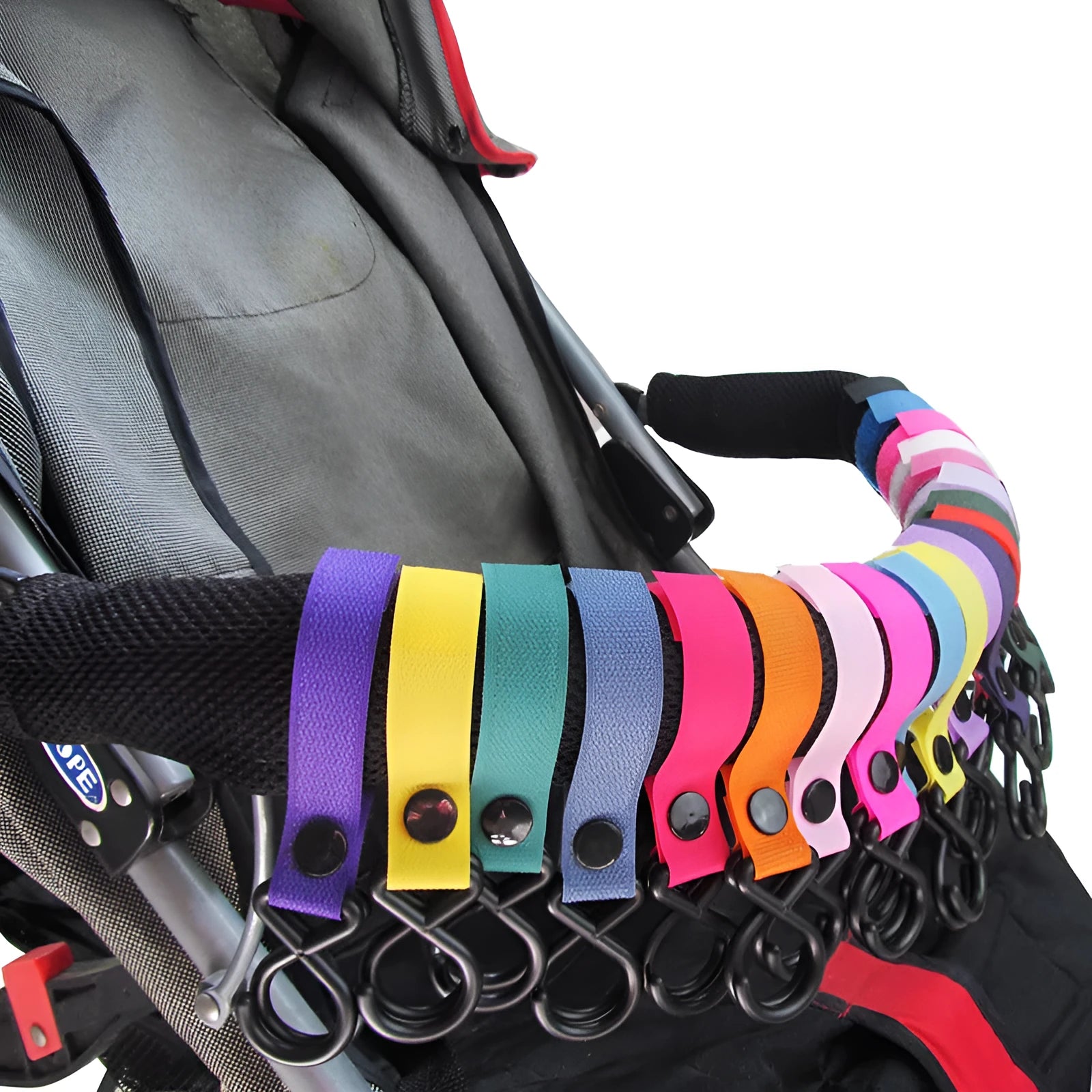 Nylon luggage velcro hook showing multiple colour options against travel bag background