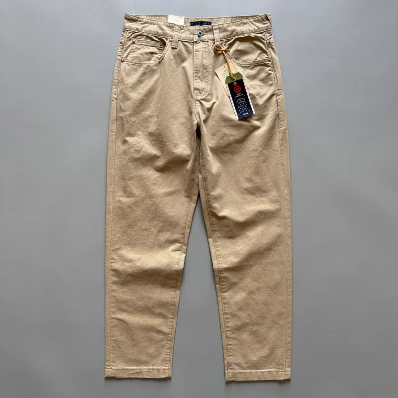 Men's straight-leg cotton twill casual trousers in Army Green laid flat.