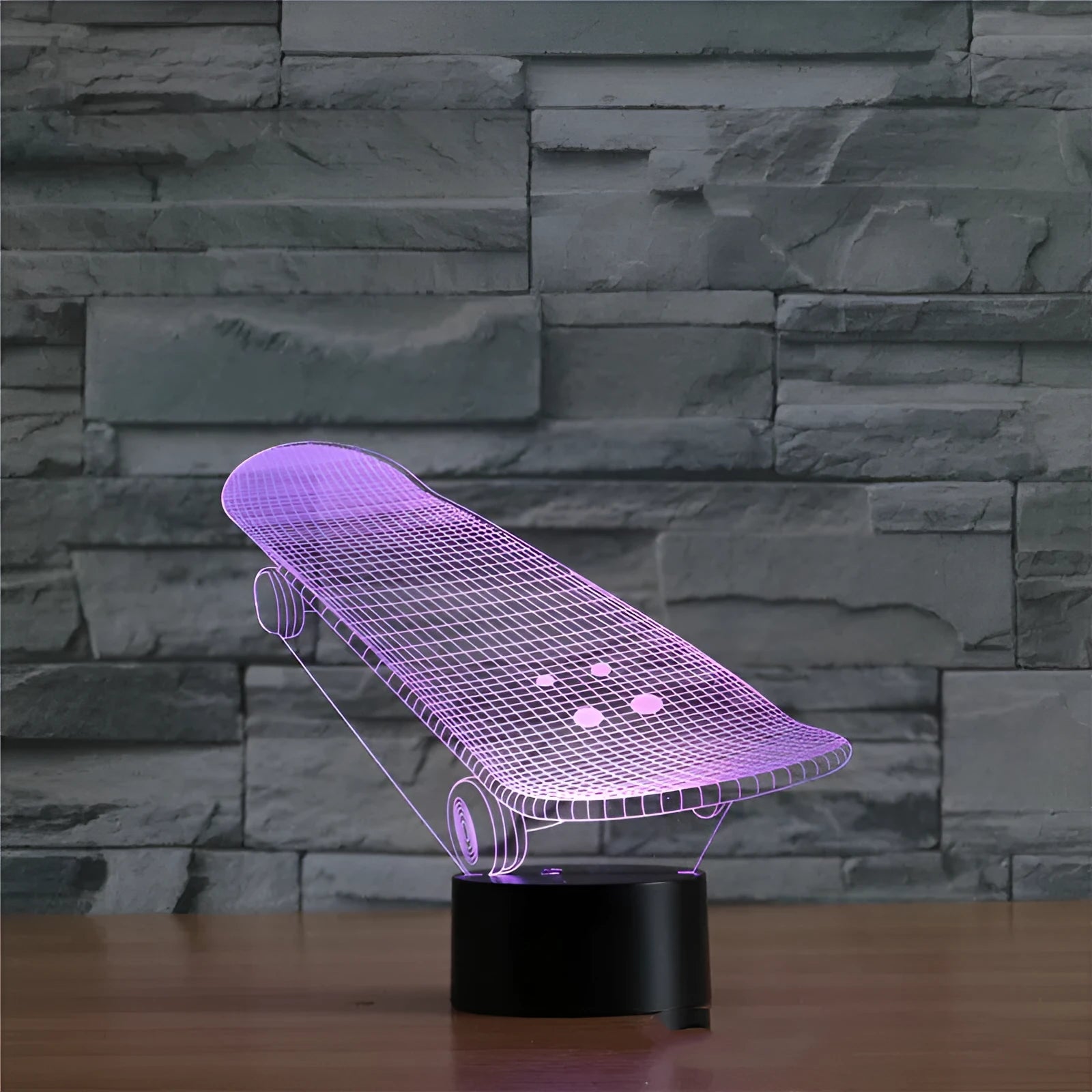 Skateboard-shaped LED touch light with acrylic panel, ABS base, 7 colour modes, 223x176x87mm, USB powered