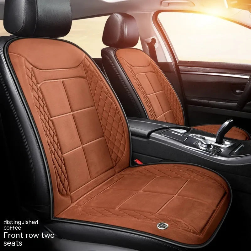 Heated car seat cushion in beige, black, and coffee colours showing single, double, and rear seat size options
