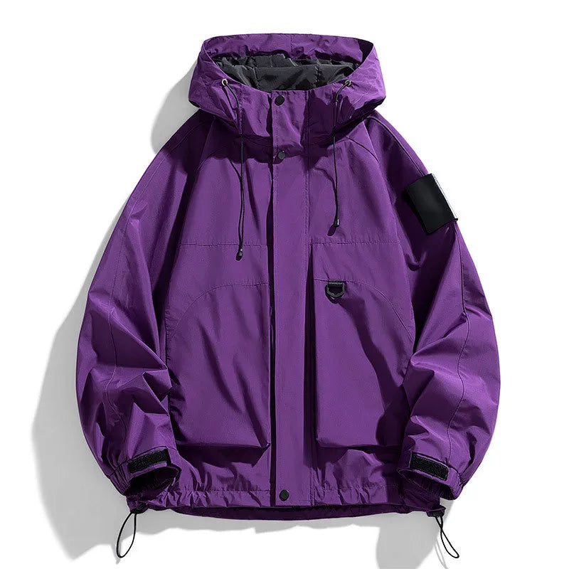 Men's waterproof windproof hooded jacket in black purple ginger yellow colours showing front view