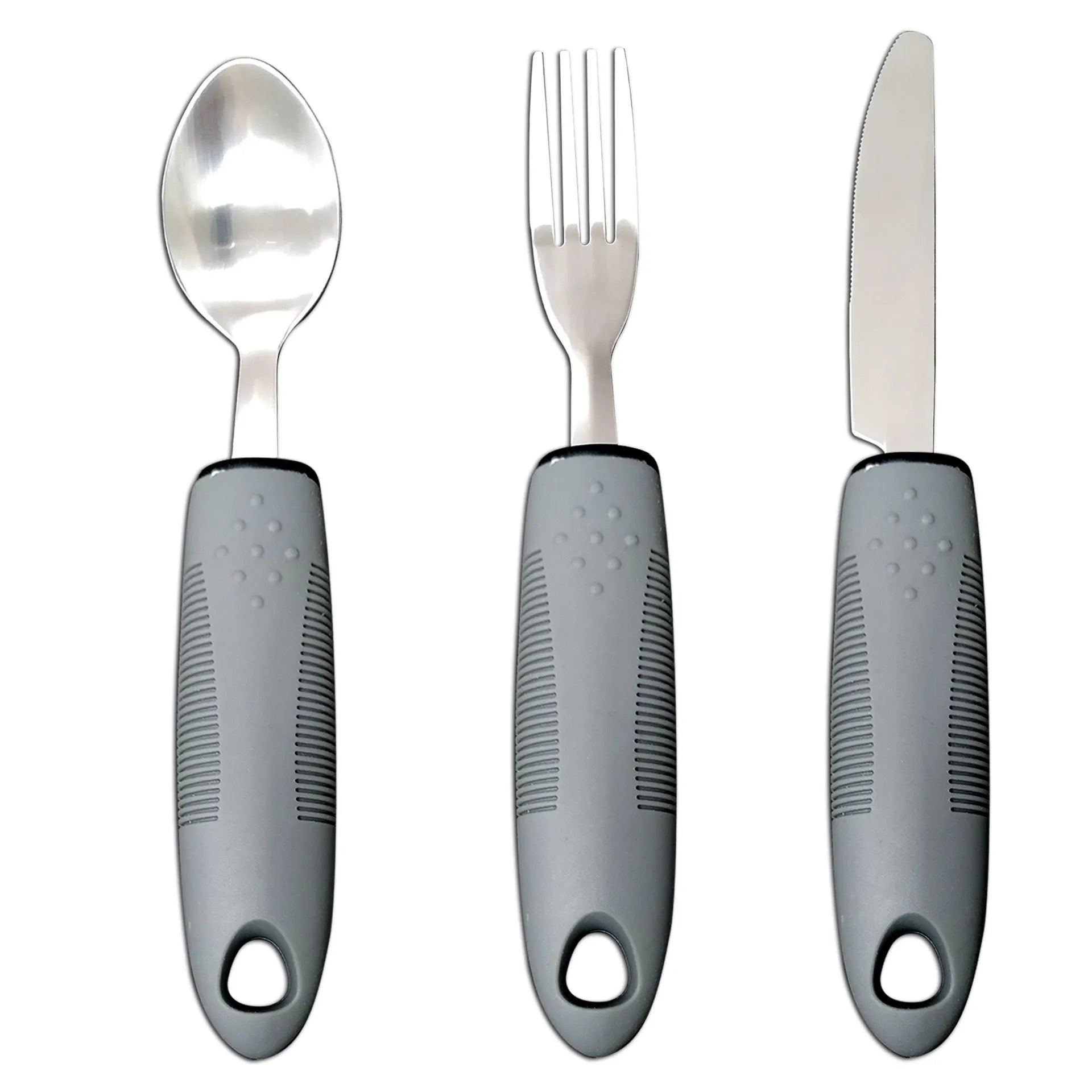 Stainless steel anti-shake cutlery set with rubber handles for adult mealtime assistance