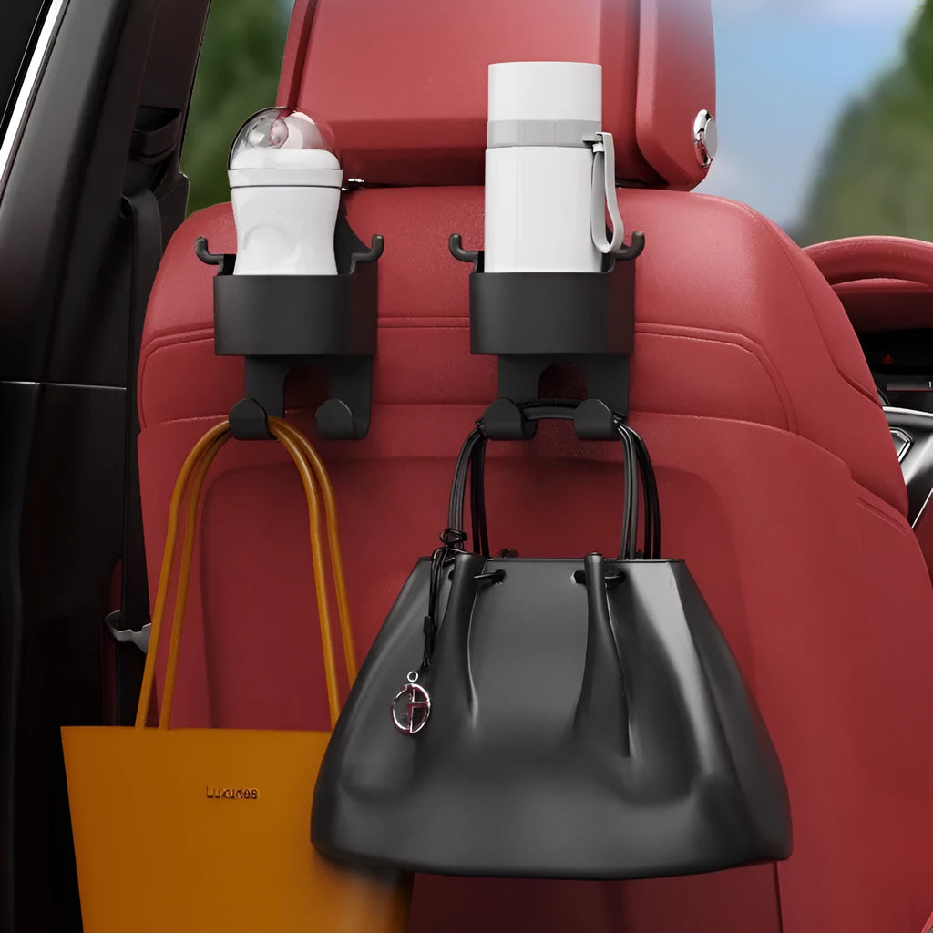 Black plastic car seat back organiser with cup holder and storage hook for vehicle interior
