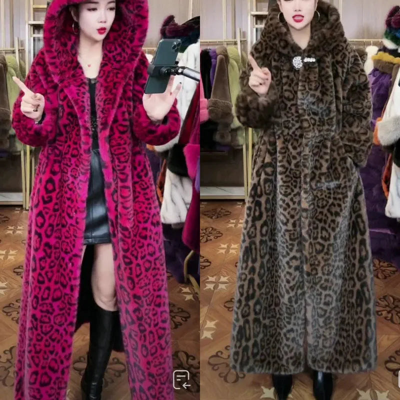 Women's plus size long faux fur coat in leopard print pattern with loose fit design