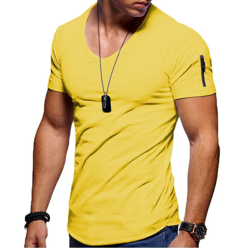 Men's short sleeve V-neck slim fit polyester T-shirt in dark gray, front view, plain pattern