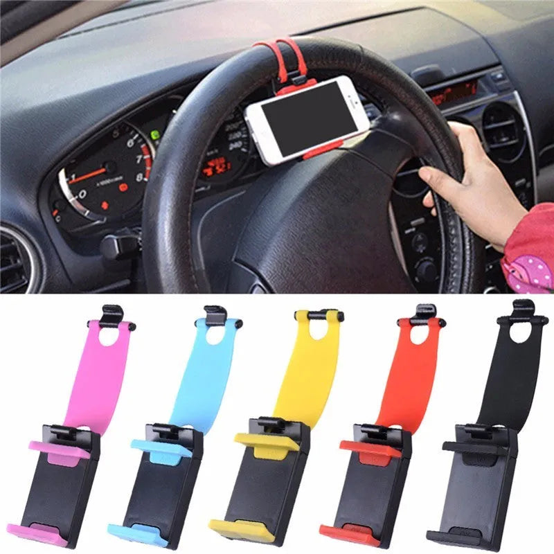Universal steering wheel phone holder mount in black red blue yellow rose red colours