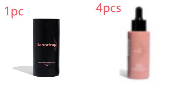 Black matte sun tanning liquid set showing 50ml tanning drops bottle and 75ml tanning flash cream bottle.