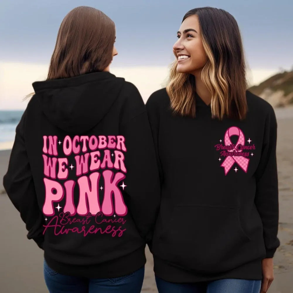 Breast Cancer Awareness hoodie with retro print design and side seam pockets in pink colour.