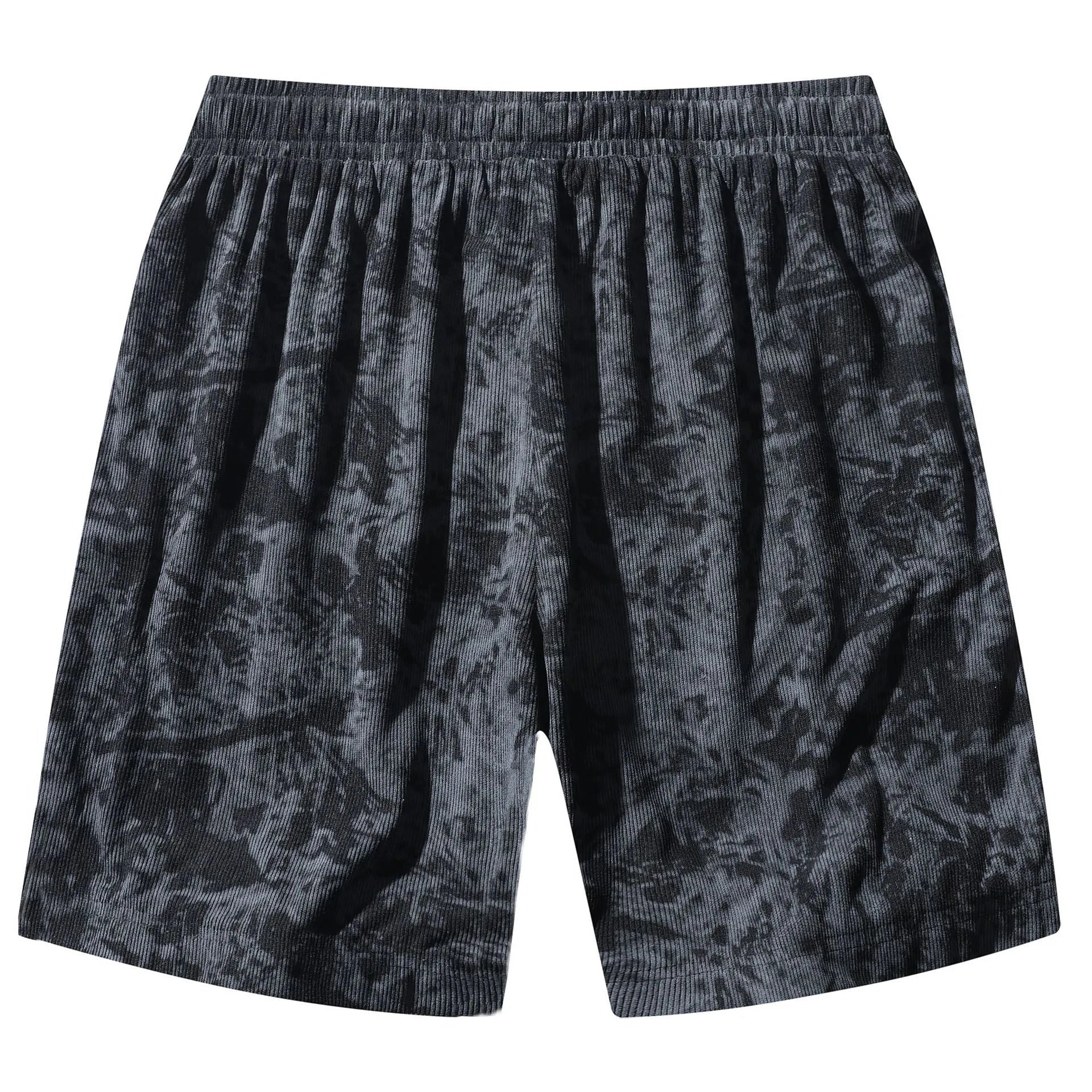 Men's camouflage patterned corduroy shorts with elastic high waistband in straight leg cut.