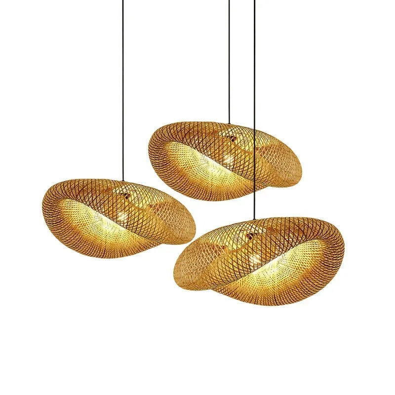Woven bamboo straw hat-shaped hanging chandelier lamp showing natural texture and light diffusion.