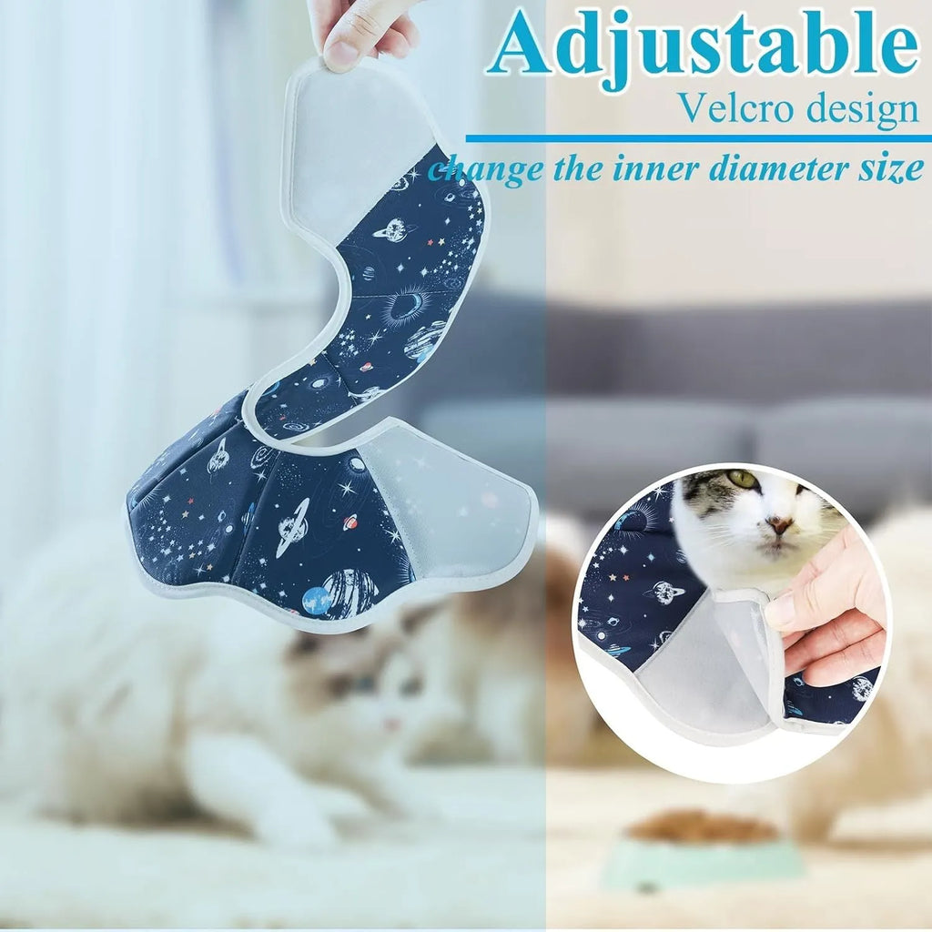 Soft fabric cat recovery collar with adjustable fastener in constellation print