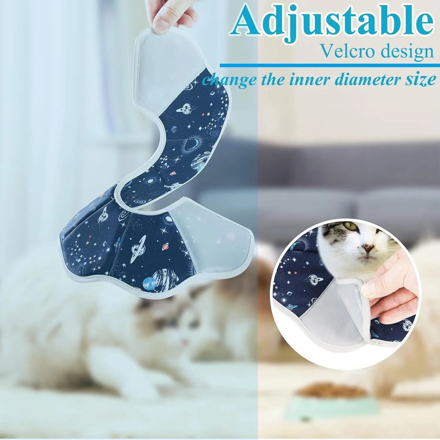 Soft fabric cat recovery collar with adjustable fastener in constellation print
