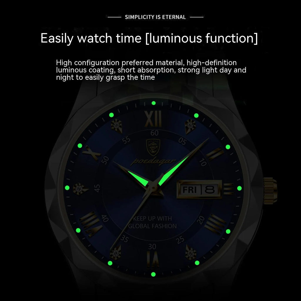 Men's waterproof double calendar luminous quartz watch with stainless steel strap and black dial