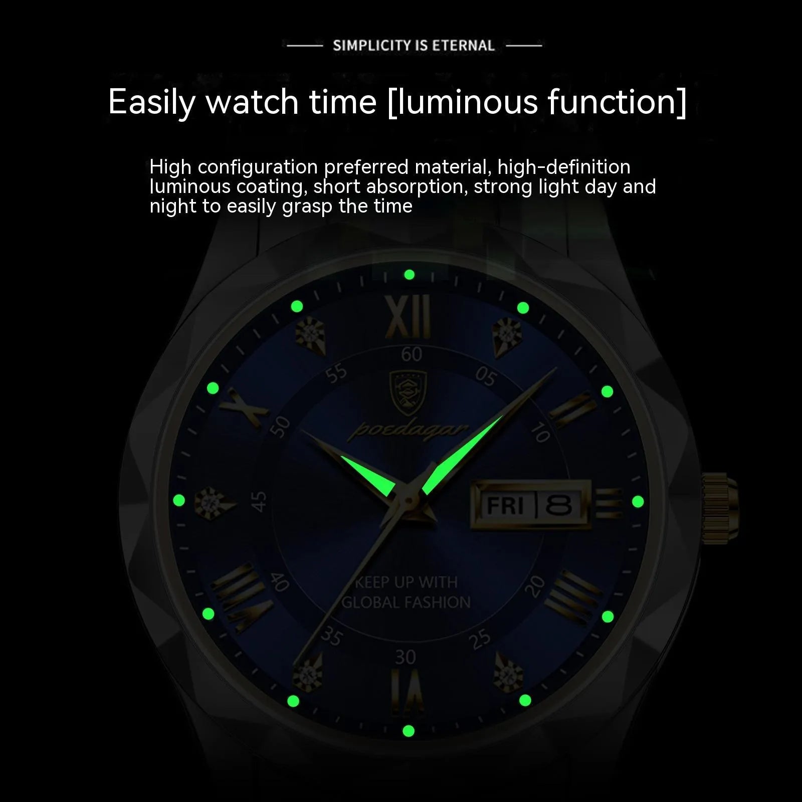 Men's waterproof double calendar luminous quartz watch with stainless steel strap and black dial