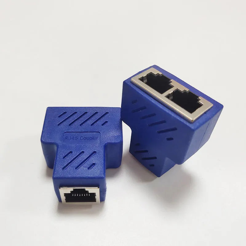 RJ45 network tee splitter adapter in white, yellow, red, blue, or black with 2PCS packaging