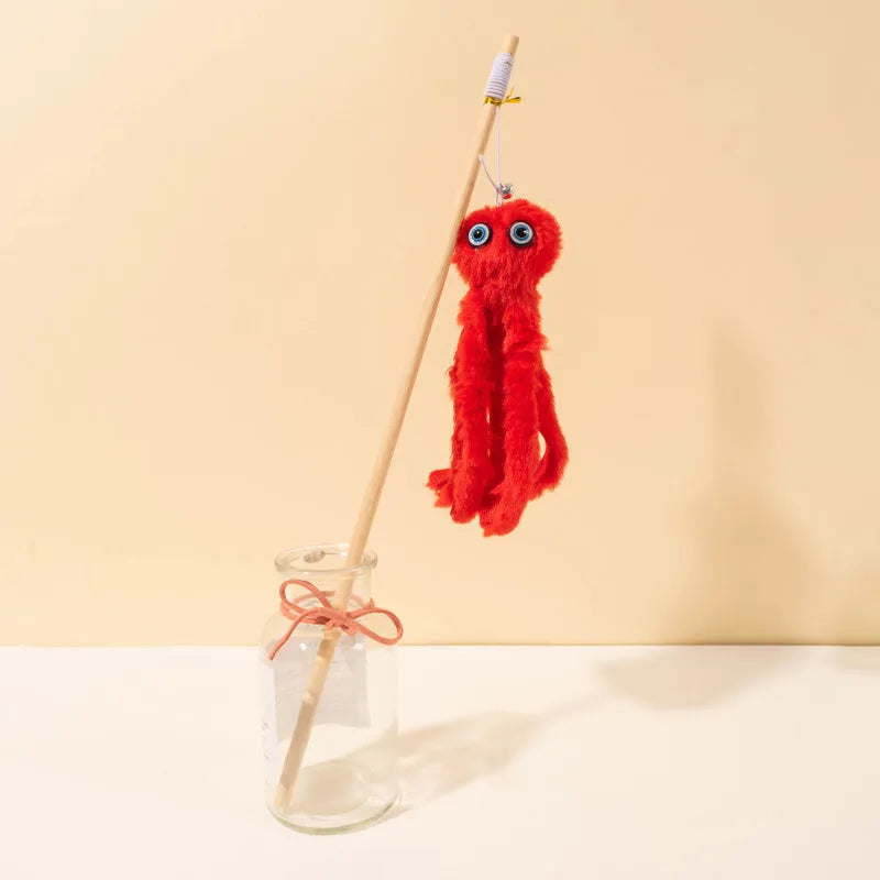 Grey octopus cat toy with eyes on long stick for indoor kitten play
