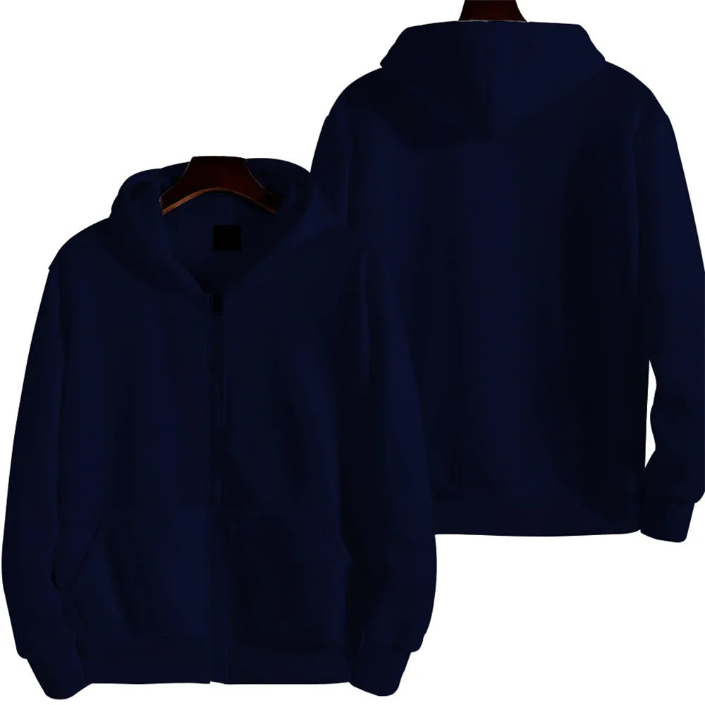 Man wearing a solid colour loose fit zip-up sports jacket.